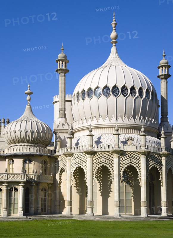 ENGLAND, East Sussex, Brighton, The onion shaped domes of the 19th Century Pavilion designed in the Indo- Saracenic style by John Nash commissioned by George Prince of Wales later to become King George IV.