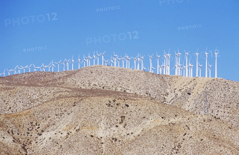 USA, California, Desert, Wind powered generators on top of a mountain