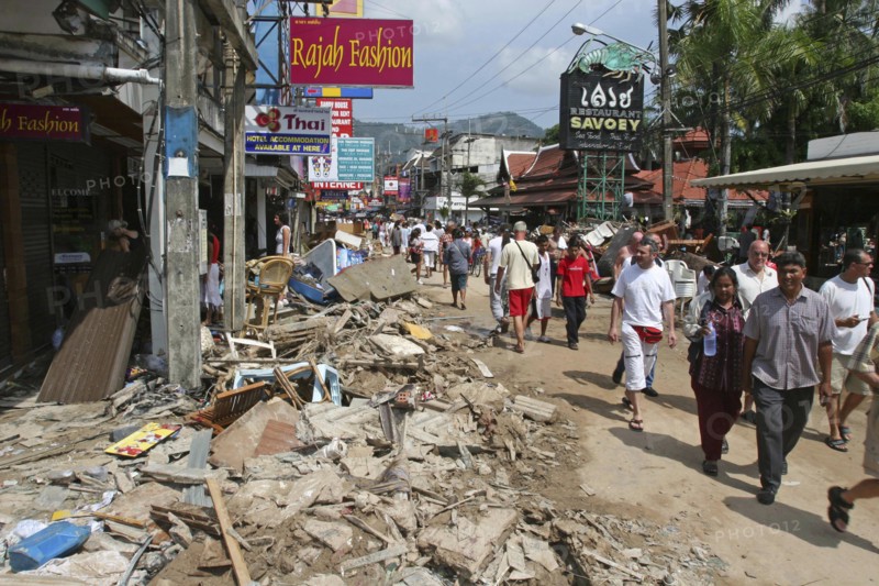 THAILAND, Phang Nga District, Phuket, "Tsunami  carnage the day after. What is left of Patong on the beach road. Patong is the busiest part of Phuket with hotels, bars, and shops in a very tightly condensed area, and being peak season had thousands of tourists in the area. On the 27th Dec. "