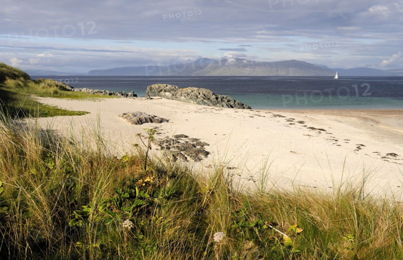 SCOTLAND, Argyll, Isle Of Iona, Grasses and sandy beach with views of Mull