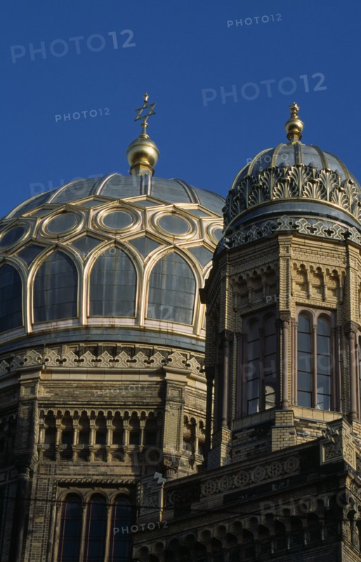 GERMANY, Berlin, "Neue Synagogue. Part view of exterior facade and domes of building restored in the mid 1980s.   Original building was built 1859-66, damaged by allied bombing and finally demolished by the communist East Germans in the 1950s."