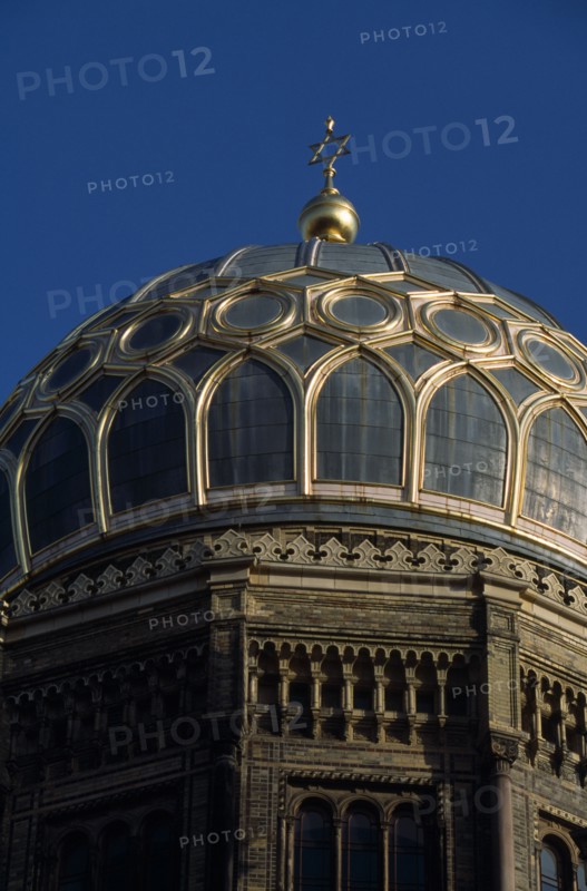 GERMANY, Berlin, "Neue Synagogue.  Part view of exterior facade and dome of building restored in the mid 1980s.   Original building was built 1859-66, damaged by allied bombing and finally demolished by the communist East Germans in the 1950s."