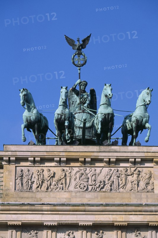 GERMANY, Berlin, "The Brandenburg Gate.  The Quadriga on top of the gate.  Chariot drawn by four horses driven by Victoria, Roman goddess of victory."