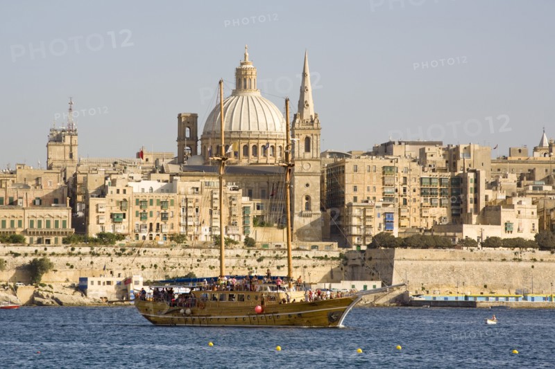 MALTA, Valletta, "View of the capital city of Valletta from Sliema, and large yacht in foreground"
