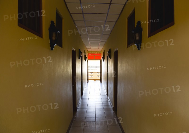WEST INDIES, Grenada, Carriacou, Corridor in hotel leading to an open balcony in Hillsborough.