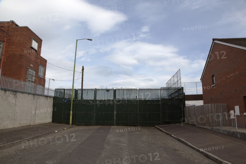 IRELAND, North, Belfast, "West, Falls Road, Peace Line barrier between the Catholic Lower Falls and Protestant Shankill areas. Stephen Rafferty"