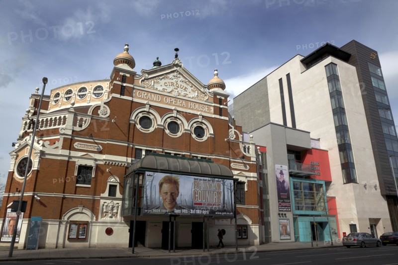 IRELAND, North, Belfast, "Great Victoria Street, Exterior of the Grand Opera House with its modern new Extension next to the new Fitzwilliam 5 star hotel."
