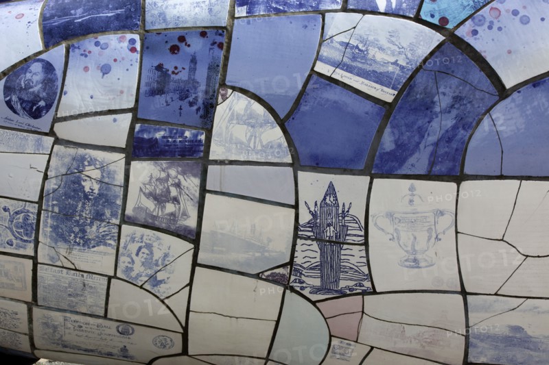 IRELAND, North, Belfast, "Donegall Quay, The Big Fish Sculpture by John Kindness. The scales of the fish are pieces of printed blue tiles with details of Belfasts history. The 10 metre long structure is situated beside the Lagan Weir opposite the old Custom House."