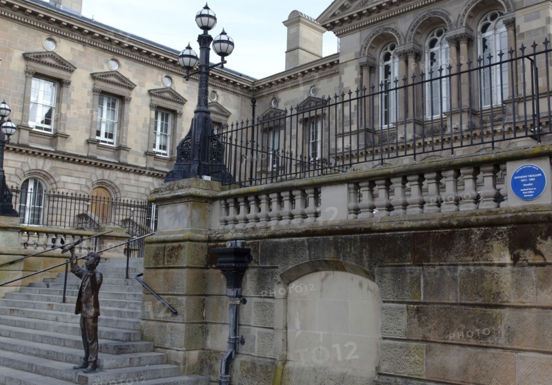 IRELAND, North, Belfast, "Custom House Square, Bronze statue of The Speaker on the steps. The site was originally used as a Speakers Corner."