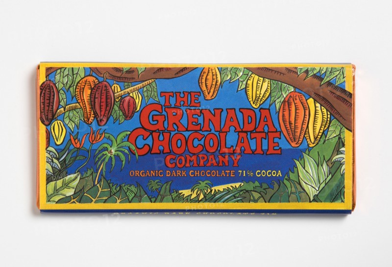 WEST INDIES, Grenada, St Patrick, Bar of 71% percent cocoa organic dark chocolate form The Grenada Chocolate Company in colourful wrapper.