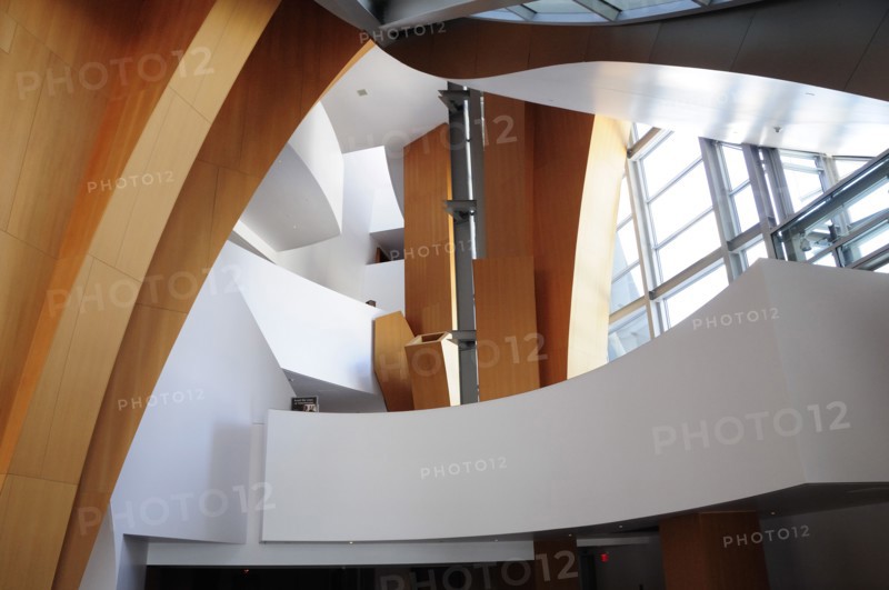 USA, California, Los Angeles, "Interior lobby area of the Walt Disney Theater, designed by Frank Gehry."