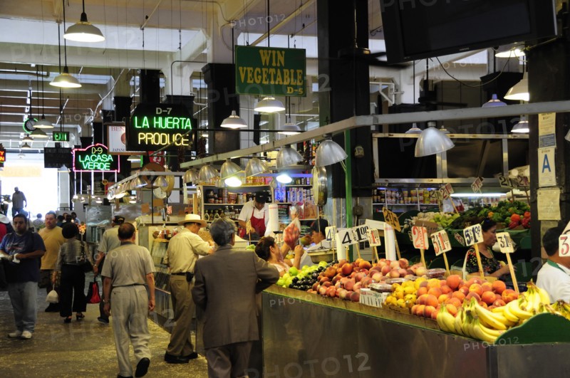 USA, California, Los Angeles, Central Market scene showing vegetable stalls.