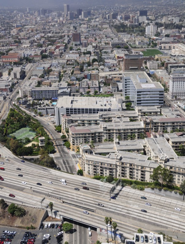 USA, California, Los Angeles, Freeway & views across west LA . Smog
