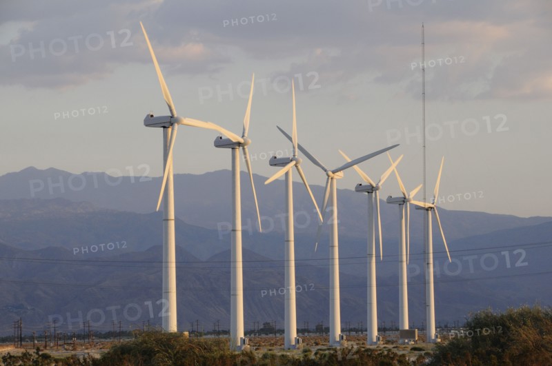 USA, California, Palm Springs, "Windmills, San Gorgonio Pass, Palm Springs. Wind turbine electricity generators."