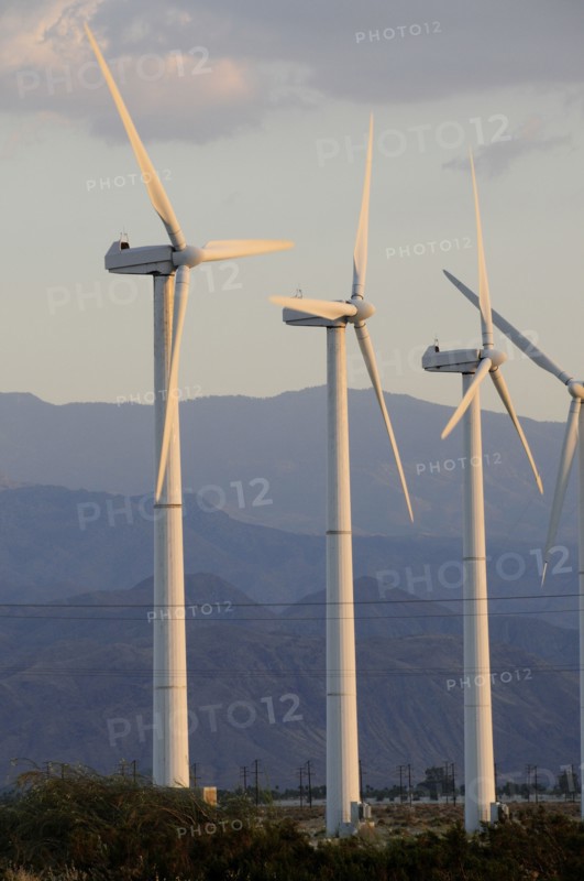 USA, California, Palm Springs, "Windmills, San Gorgonio Pass, Palm Springs. Wind turbine electricity generators."