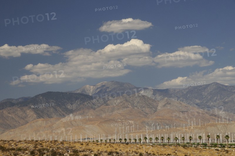 USA, California, Palm Springs, "Windmills & mountains of Morongo Valley, San Gorgonio Pass, Palm Springs. Wind turbine electricty generators."