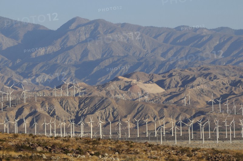 USA, California, Palm Springs, "Windmills & mountains of Morongo Valley, San Gorgonio Pass, Palm Springs. Wind turbine electricty generators."
