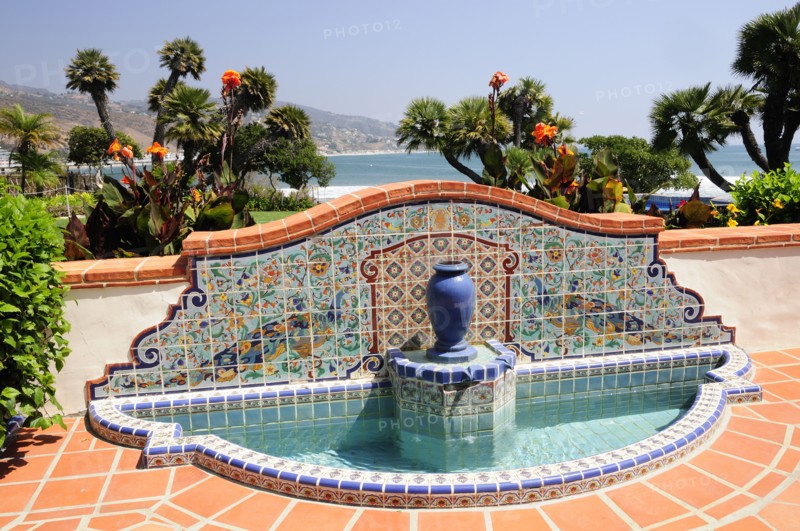 USA, California, Los Angeles, "Fountain with views along Malibu coast, Adamson House, Malibu"