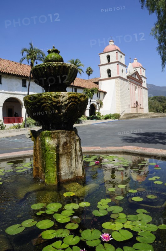 USA, California, Santa Barbara, Water fountain & Mission Santa Barbara