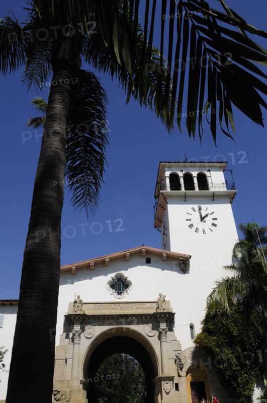 USA, California, Santa Barbara, "County Courthouse with palm, Santa Barbara"