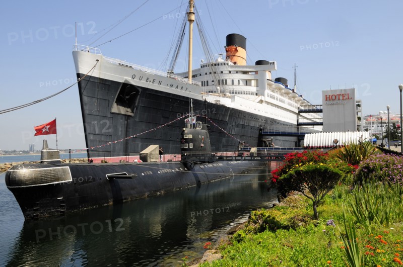 USA, California, Los Angeles, "Scorpion Russian submarine & Queen Mary ship, Queens Bay, Long Beach"