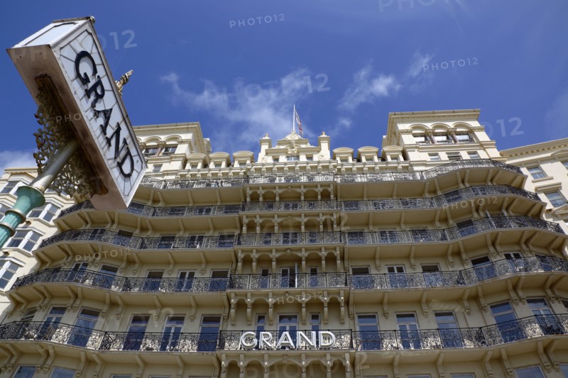 ENGLAND, East Sussex, Brighton, Exterior of the Grand Hotel on the Kings Road seafront.