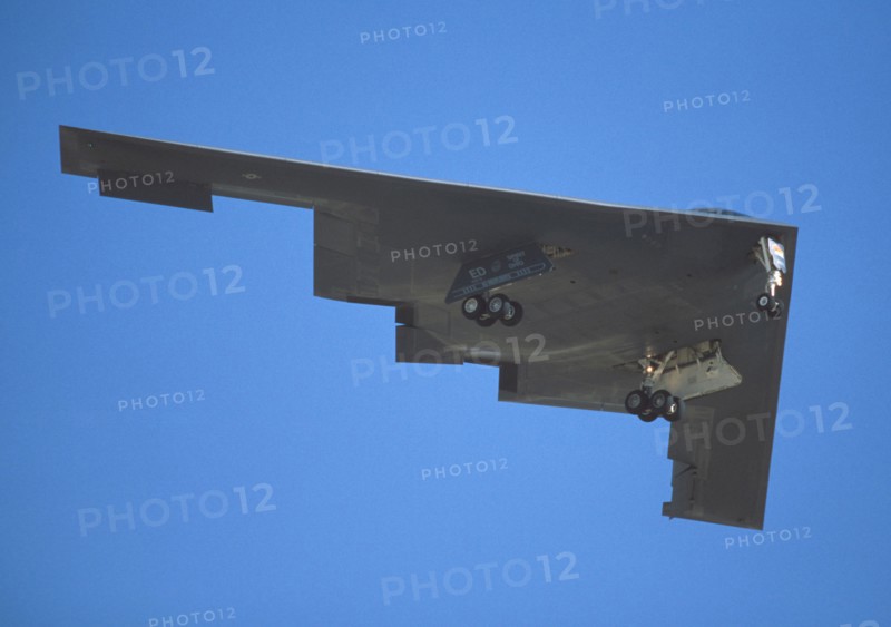 TRANSPORT, Air, Jets, B2 Stealth Bomber in flight with landing gear down.