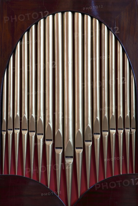ENGLAND, West Sussex, Chichester, "Cathedral Interior, detail of minature organ showing the pipes."