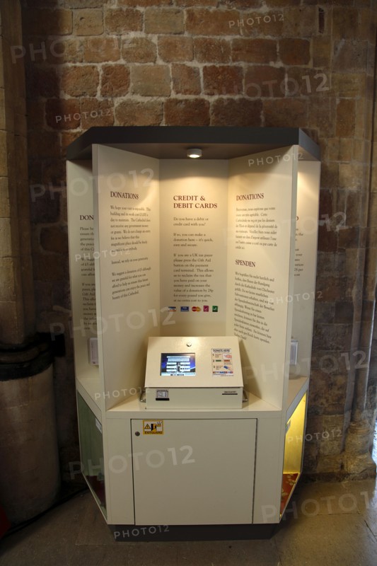 ENGLAND, West Sussex, Chichester, "Cathedral Interior, Multi Lingual Donorpoint Machine for accepting credit or debit card donations."