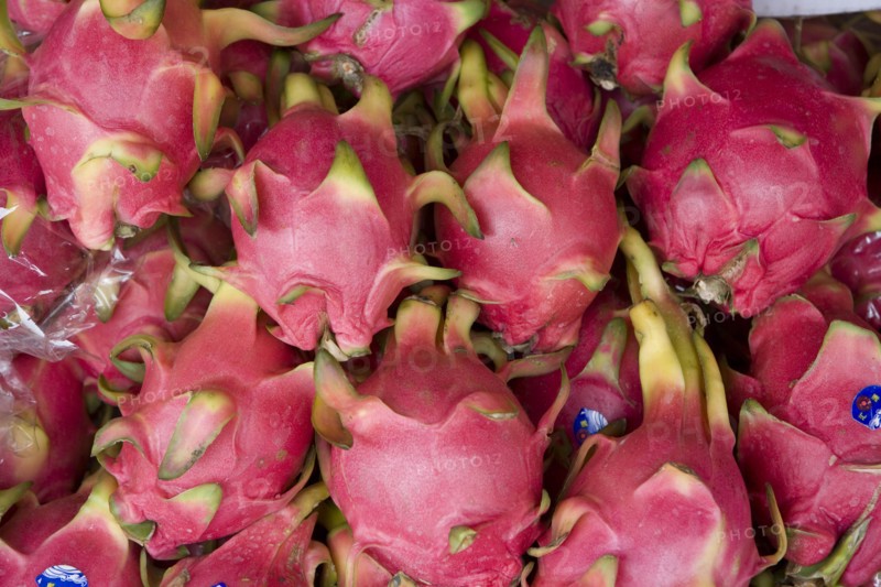 THAILAND, North, Chiang Mai, Close up of Dragon fruit on sale in market.
