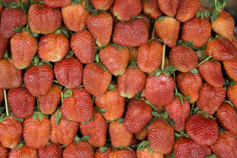 THAILAND, North, Chiang Mai, Close up of locally grown fresh strawberries on sale in market.