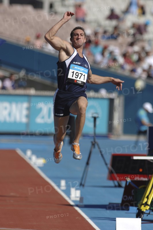 SPORT, Athletics, Long Jump, "Scotland's Darren Ritchie during the long Jump in mid leap. 2006 Commonwealth Games Melbourne, Australia."