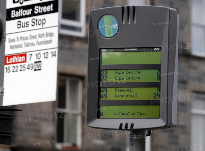 SCOTLAND, Lothian, Edinburgh, Bus Stop real time elctronic tracker to give time of next bus.