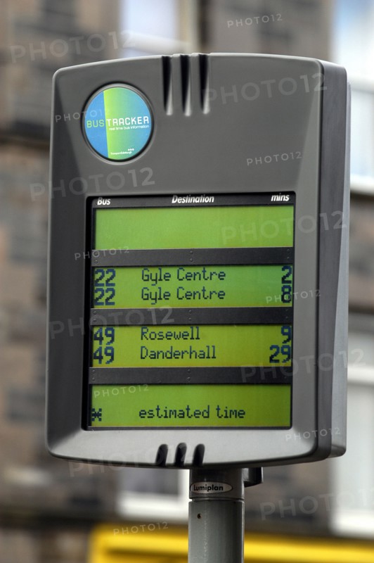 SCOTLAND, Lothian, Edinburgh, Bus Stop real time elctronic tracker to give time of next bus.
