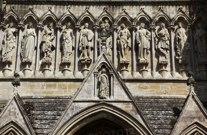 ENGLAND, Wiltshire, Salisbury, "Cathedral, Stone statues of Saints above the entrance."