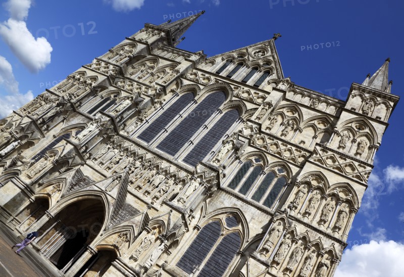 ENGLAND, Wiltshire, Salisbury, Cathedral West Front and entrance with life size statues of the saints.