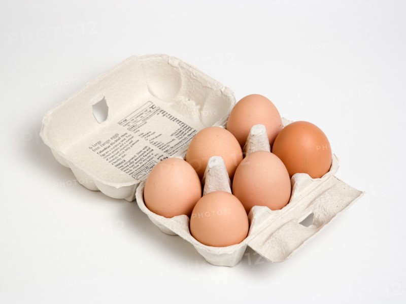FOOD, Uncooked, Eggs, Box of six free range eggs in a box on a white background.