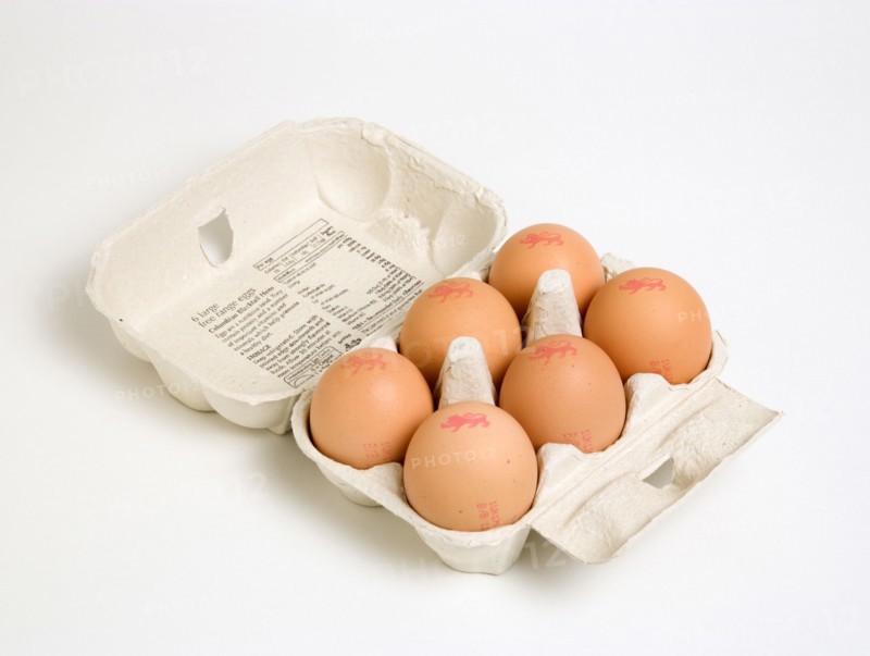 FOOD, Uncooked, Eggs, Box of six free range eggs in a box on a white background with The Lion mark which denotes eggs produced to a stringent Code of Practice incorporating the latest research and advice on Salmonella and eggs from scientists and vets and account for around 85% of UK egg production.