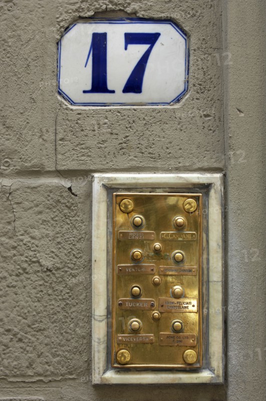 ITALY, Tuscany, Florence, No 17 Door Number and Brass Bell Plaque