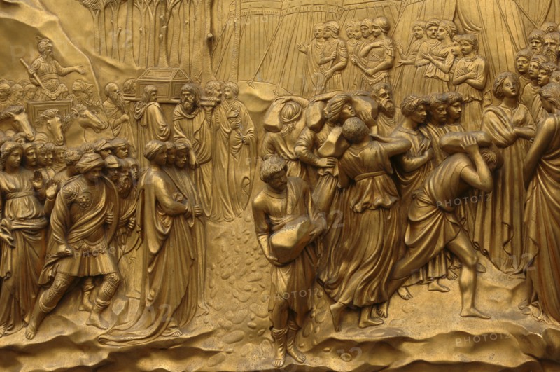 ITALY, Tuscany, Florence, Bronze Doors with Relief Sculptures by Lorenzo Ghiberti  Florence Baptistry  Piazza del Duomo.
