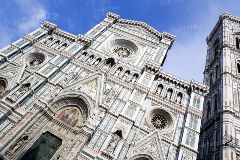 ITALY, Tuscany, Florence, The Neo-Gothic marble west facade of the Cathedral of Santa Maria del Fiore the Duomo and Giotto's Campanile bell tower.
