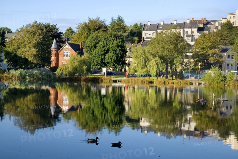 IRELAND, County Monaghan, Monaghan, Town, View across Peters Lake in town centre.
