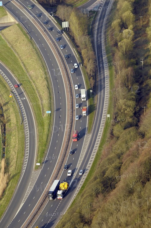 Scotland, Stirling, Aerial of dual carriageway road with feeding exit and entrance lanes.