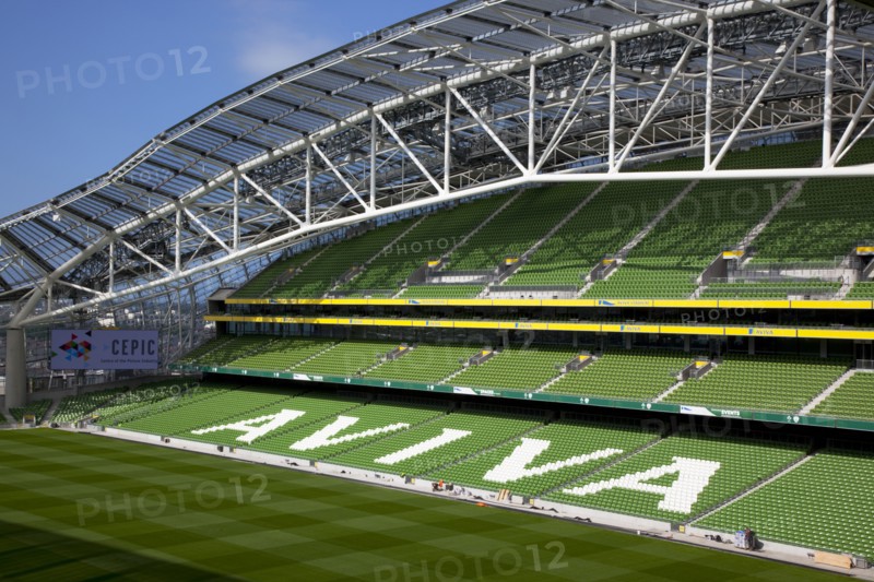 Ireland, County Dublin, Dublin City, Ballsbridge, Lansdowne Road, Aviva 50000 capacity all seater Football Stadium designed by Populus and Scott Tallon Walker. A concrete and steel structure with polycarbonate self cleaing glass exterior built at a cost of 41 million Euros. Home to the national Rugby and Soccer teams, aslo used as a concert venue.