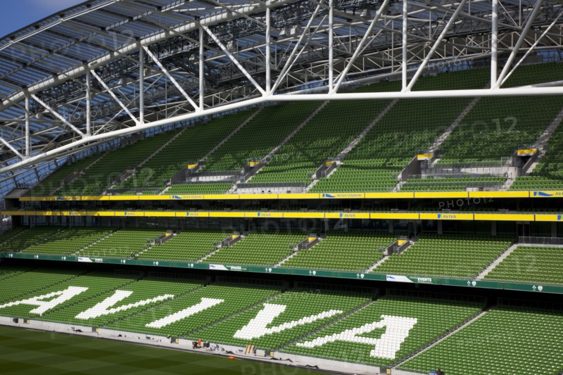 Ireland, County Dublin, Dublin City, Ballsbridge, Lansdowne Road, Aviva 50000 capacity all seater Football Stadium designed by Populus and Scott Tallon Walker. A concrete and steel structure with polycarbonate self cleaing glass exterior built at a cost of 41 million Euros. Home to the national Rugby and Soccer teams, aslo used as a concert venue.