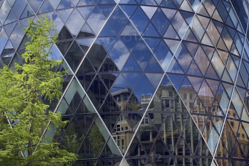 England, London, The City, 30 St Mary Axe, detail of the the Gherkin building.