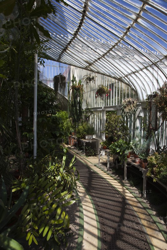 Ireland, Northern, Belfast, Botanic Gardens with people sat on benches outside the Palm House next to Queens University both designe by architect Charles Lanyon.