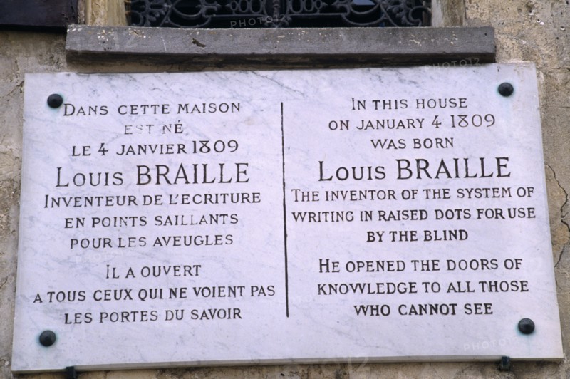 France, Ile de France, Coupvray, Marble commemorative plaque on the house where Louis Braille lived in the commune.