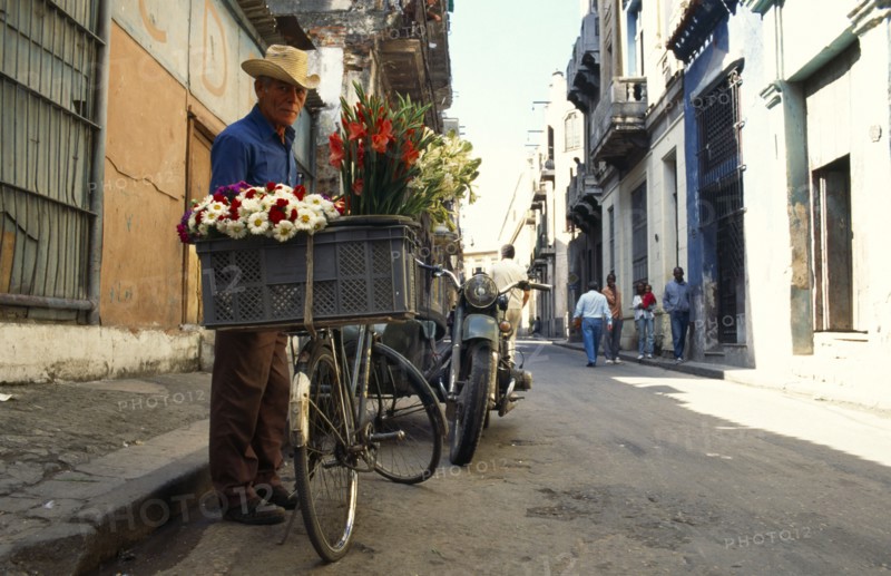 CUBA, Havana, Old Havana, Flower seller in narrow street.