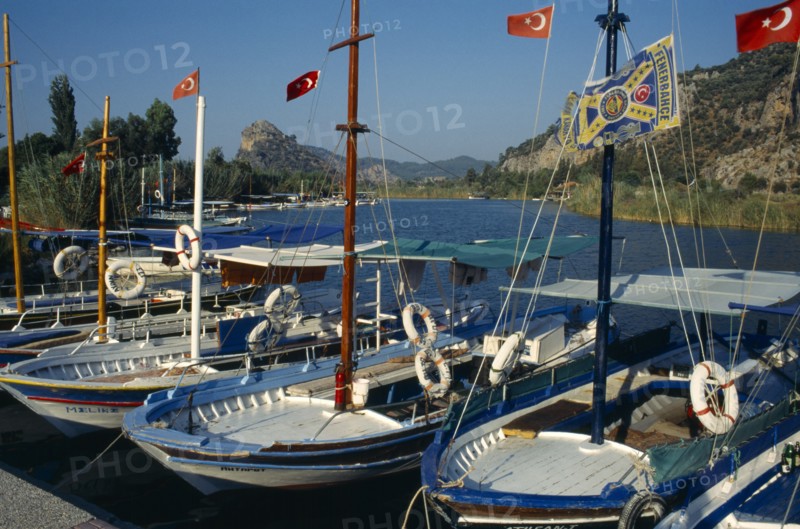 TURKEY, Mugla, Dalyan, Harbour with moored boats displaying Turkish flags.